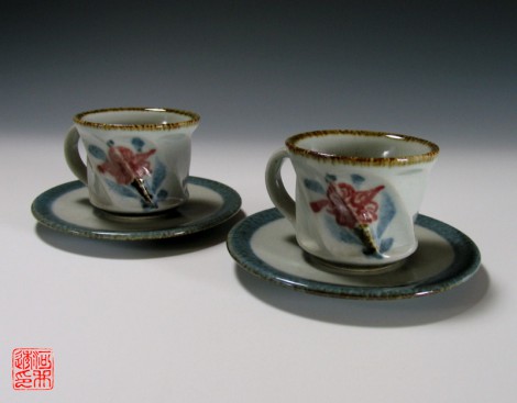Kamon Mentori Tea Cup Set by Kawai Tōru: click to enlarge