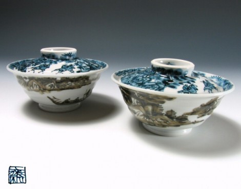 Sansui Tetsu-é Rice Bowl Set by Murata Tetsu: click to enlarge